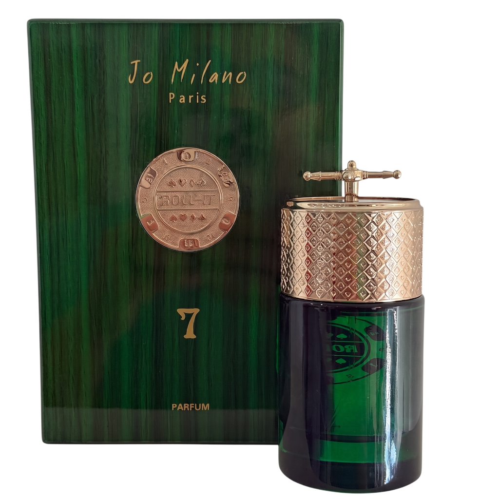 Jo Milano Paris No. 7 Parfum bottle next to its green textured box packaging, featuring a gold cap and a dark green glass bottle.