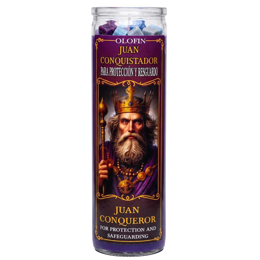 A tall glass jar candle featuring a dark purple label with an illustration of the Spanish deity Juan Conquistador (Juan the Conqueror). The label includes gold lettering and the brand name 'OLORIN' at the top.