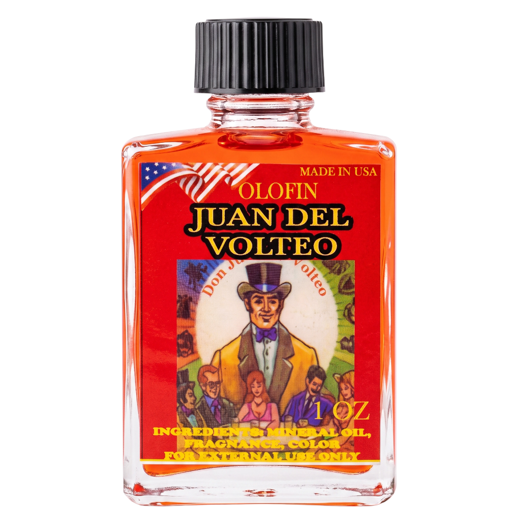 A 1 oz glass bottle of Juan Del Volteo Olofin topical treatment with orange liquid inside, a red label with a black cap, and a central illustrated figure on a white background.