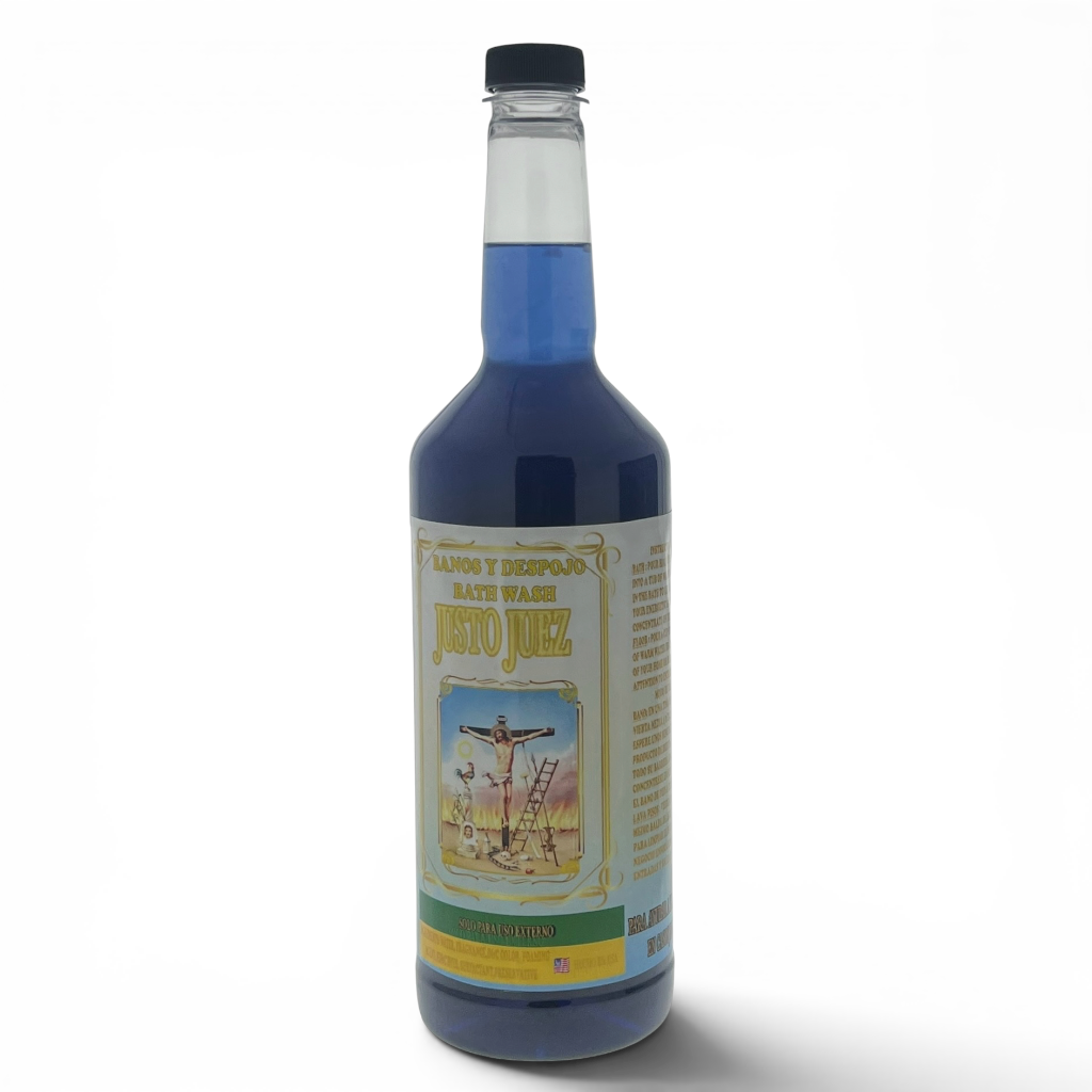A bottle of Justo Juez Mate Hijo blue coffee syrup with a black cap and a cream-colored label featuring a religious illustration, set against a plain white background.