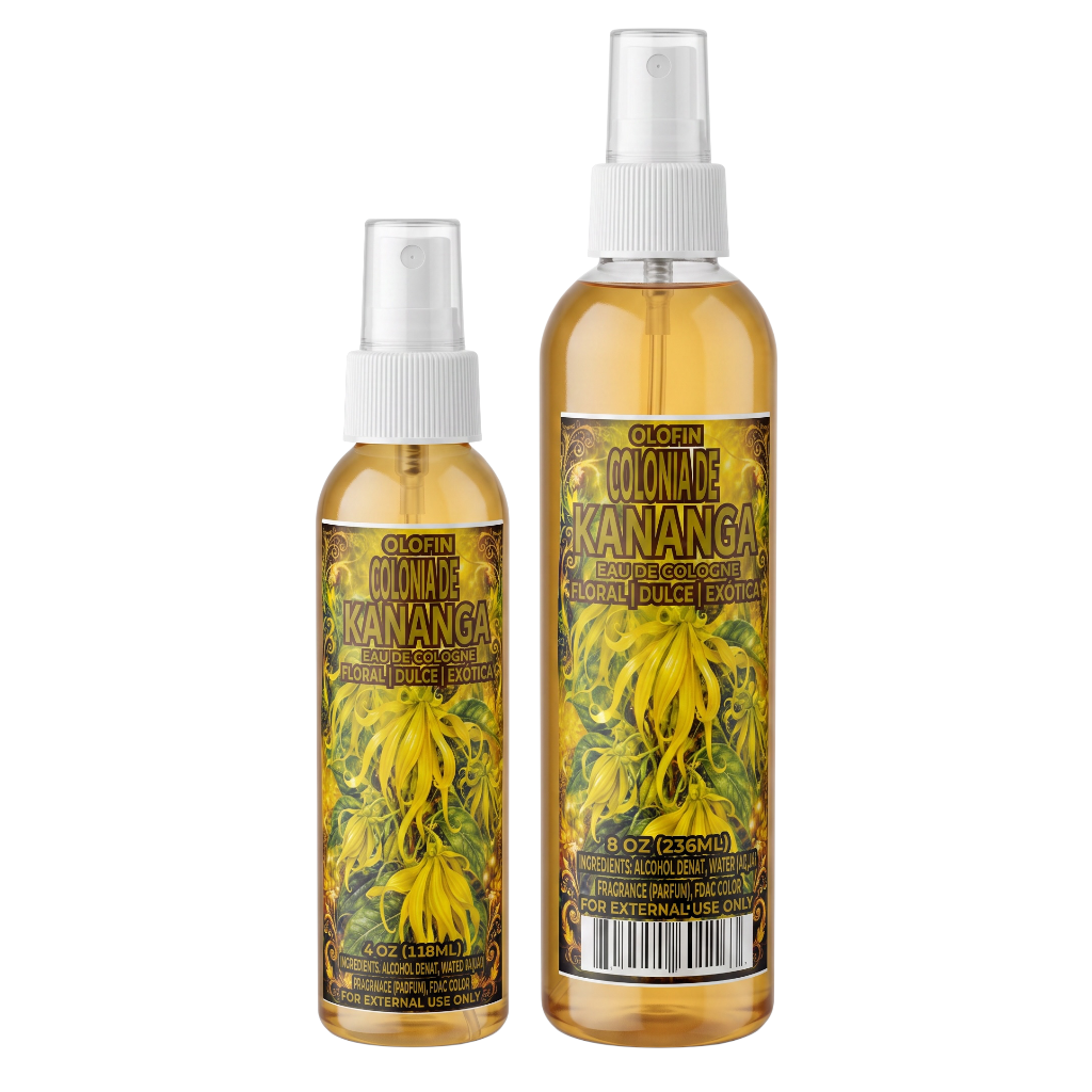 Two bottles of Clove Colonide Kananga essential oil spray, one 4 oz and one 6 oz, filled with golden-yellow liquid and featuring a label with green leaves and yellow flowers, set against a plain white background.