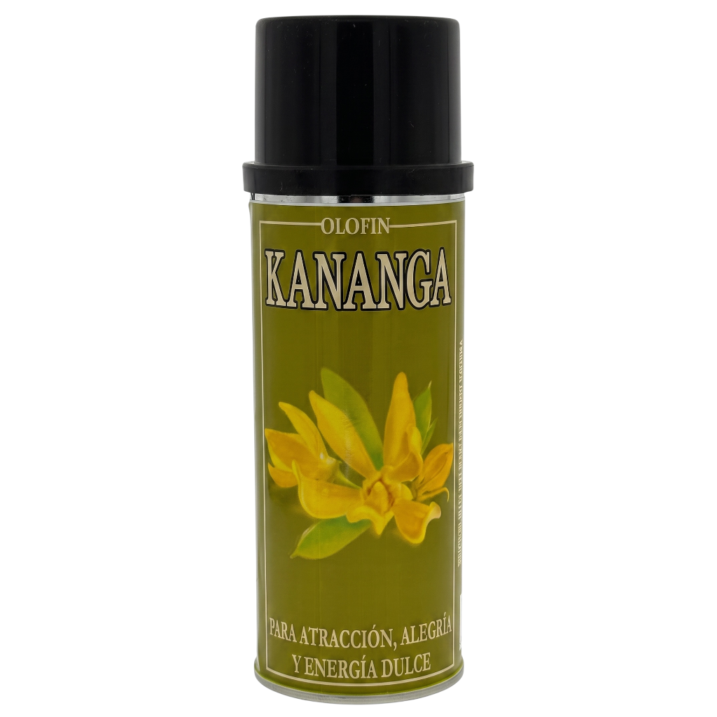 A cylindrical can of Olofin Kananga attraction and energy spray, featuring a black cap and a green label with yellow flower illustrations.