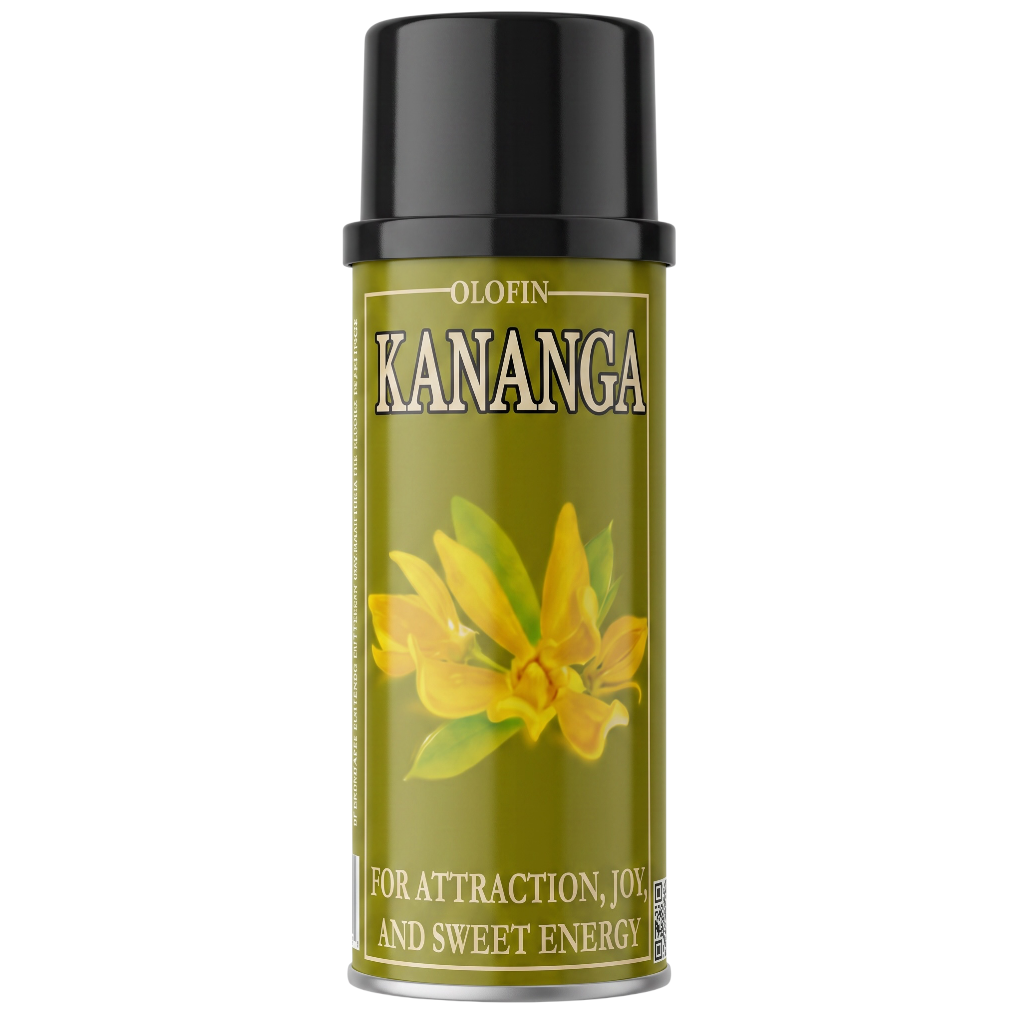 A single can of Olofin Kananga perfume or fragrance spray on a plain white background. The can has a black cap and a metallic olive-green body with a yellow flower illustration and white text.