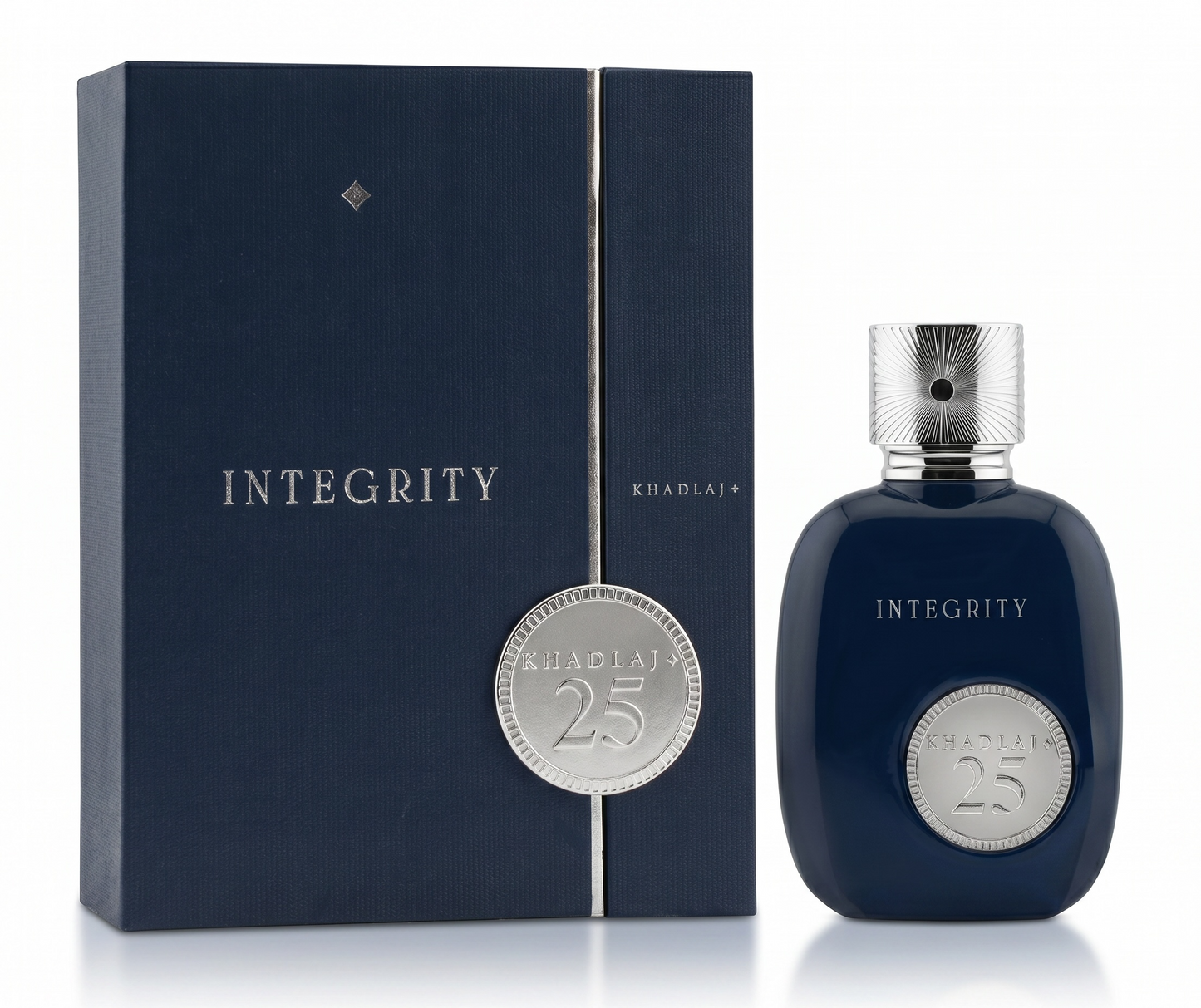 Blue perfume bottle and packaging with 'Integrity' branding on a white background