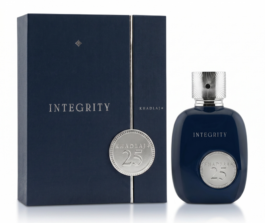 Blue perfume bottle and packaging with 'Integrity' branding on a white background