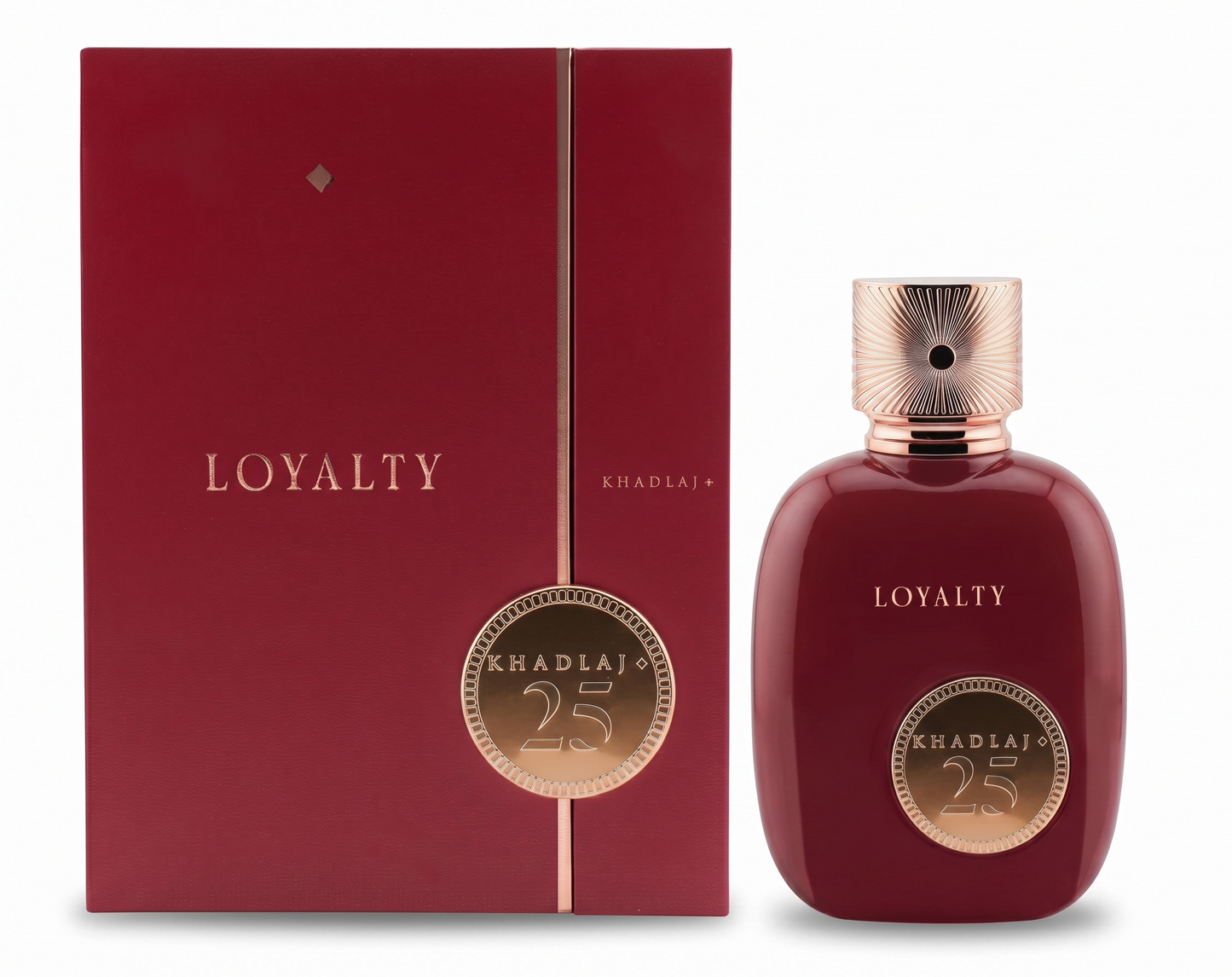 Red 'Loyalty' perfume bottle and packaging with gold accents on a white background