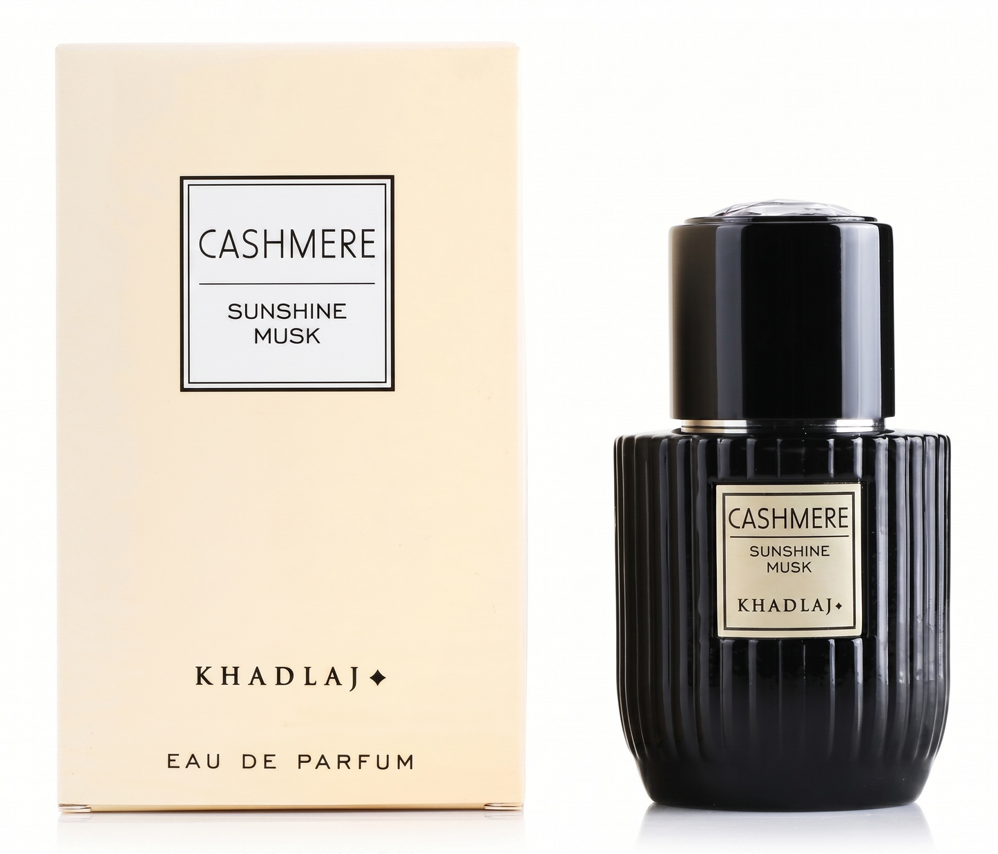 Cashmere Sunshine Musk perfume bottle and packaging on a white background