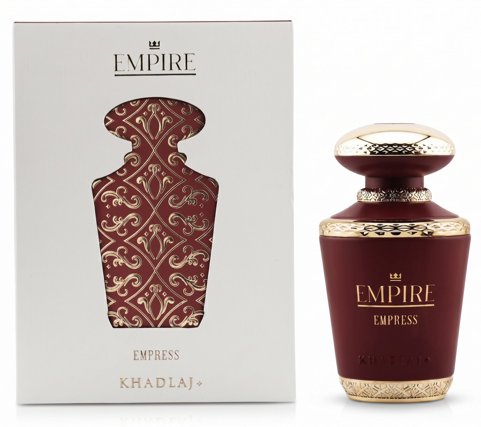 Empire Empress perfume bottle with decorative design and matching box on a white background