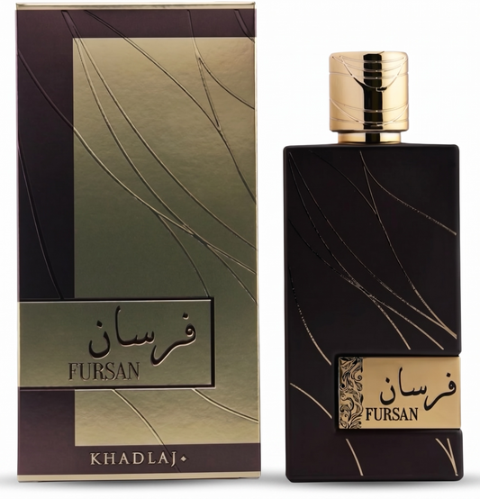 Fursan perfume bottle and packaging with gold and black design on a white background