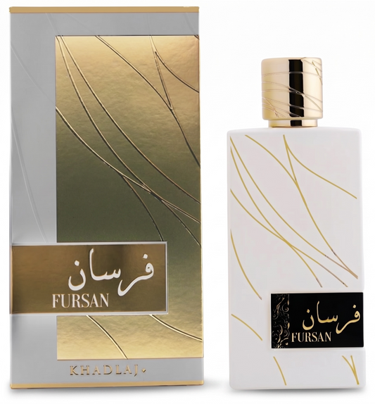 Fursan perfume bottle and packaging with gold and white design
