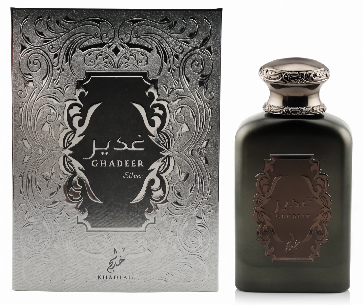 Ghadeer Silver perfume bottle and packaging on a white background