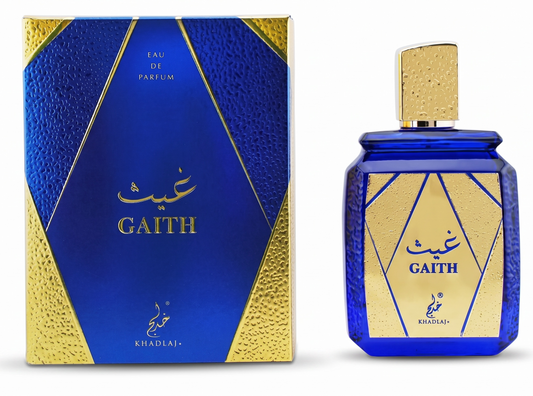 GAITH perfume bottle and packaging with blue and gold design