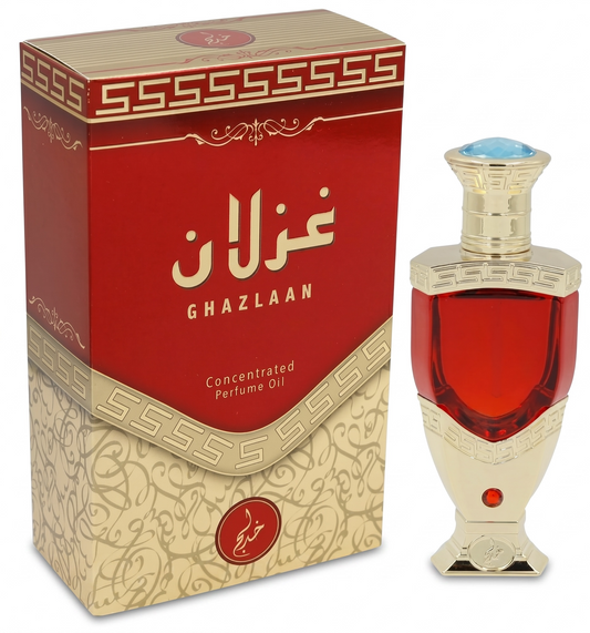 Ghazlaan perfume bottle with red liquid and gold cap on a white background