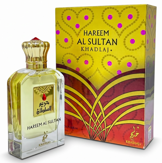 Perfume bottle and packaging of Hareem Al Sultan Kadhlaaj on a white background