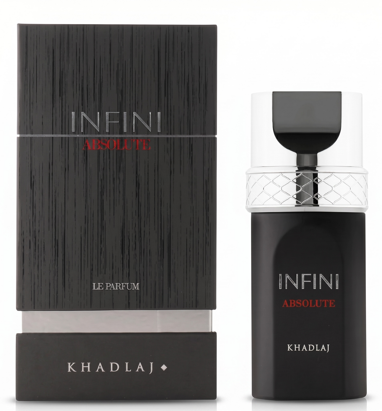 Infini Absolute perfume bottle and packaging by Khadlaj on a white background