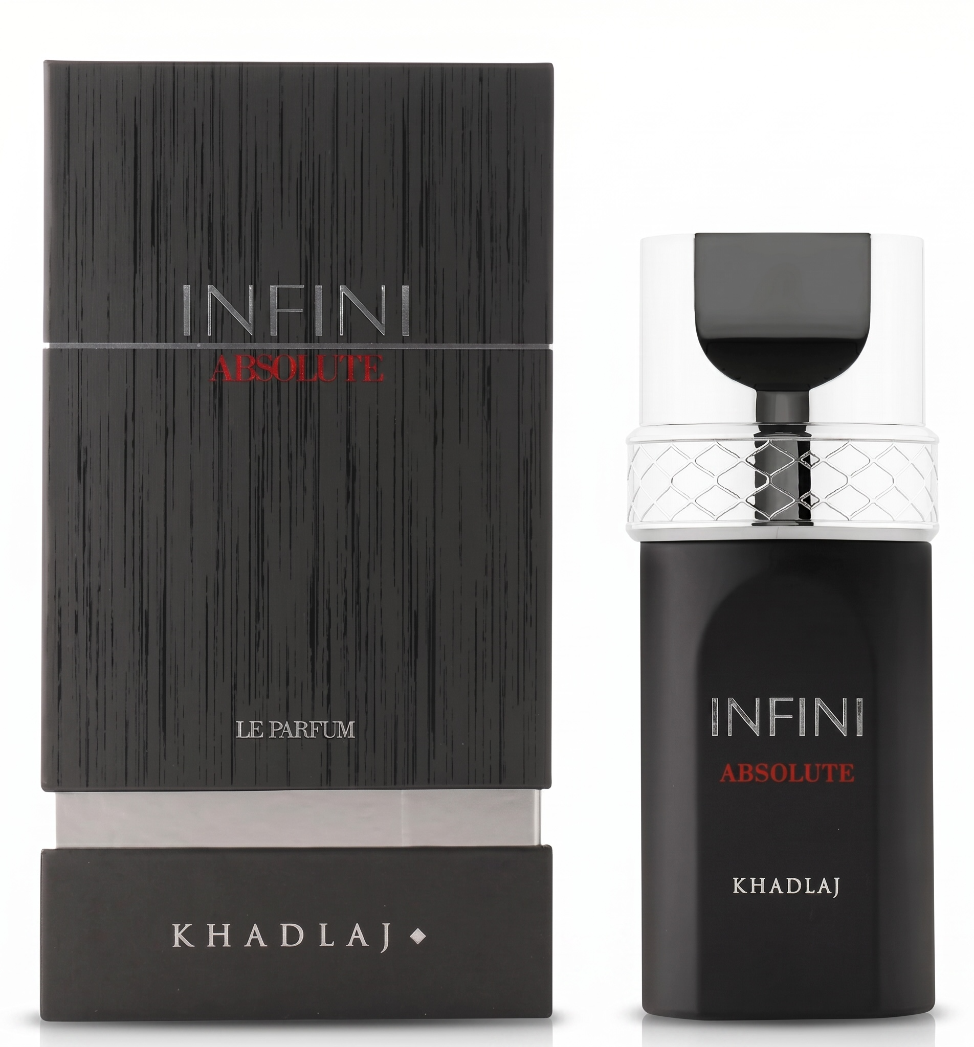 Infini Absolute perfume bottle and packaging by Khadlaj on a white background