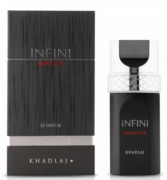 Infini Absolute perfume bottle and packaging by Khadlaj on a white background