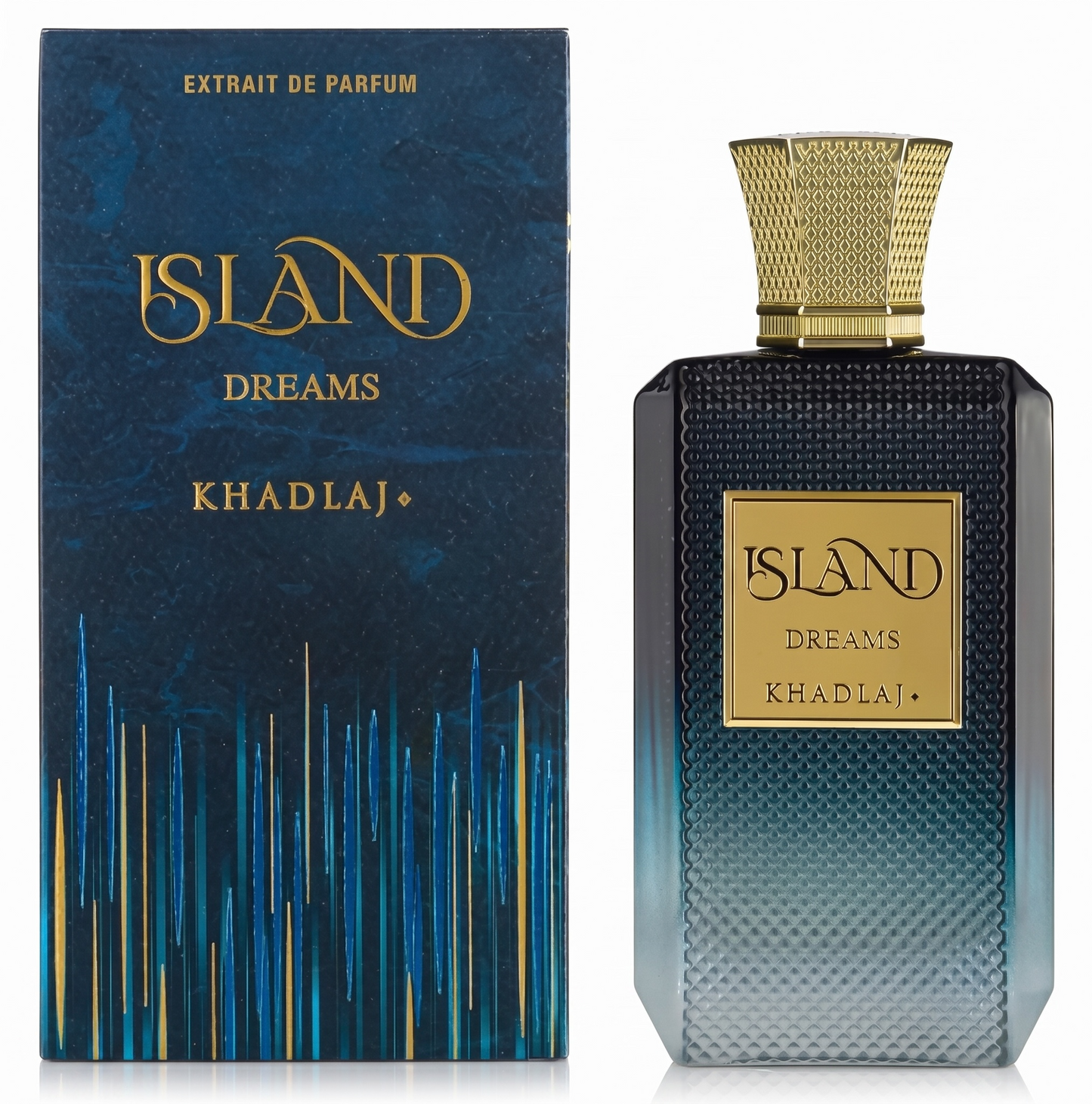 Perfume bottle and packaging of 'Island Dreams' by Khadlaj on a white background