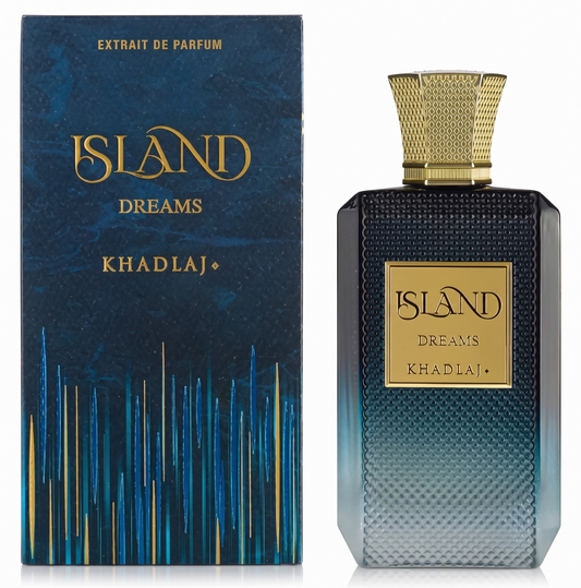 Perfume bottle and packaging of 'Island Dreams' by Khadlaj on a white background