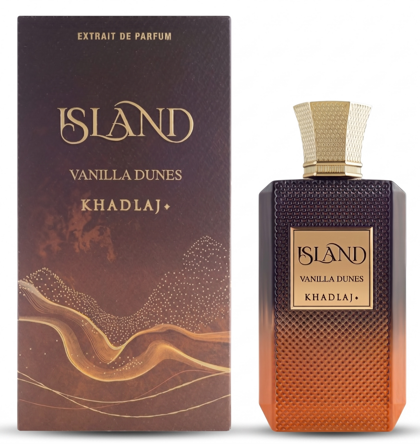 Perfume bottle and packaging of Island Vanilla Dunes Khadlaj on a white background