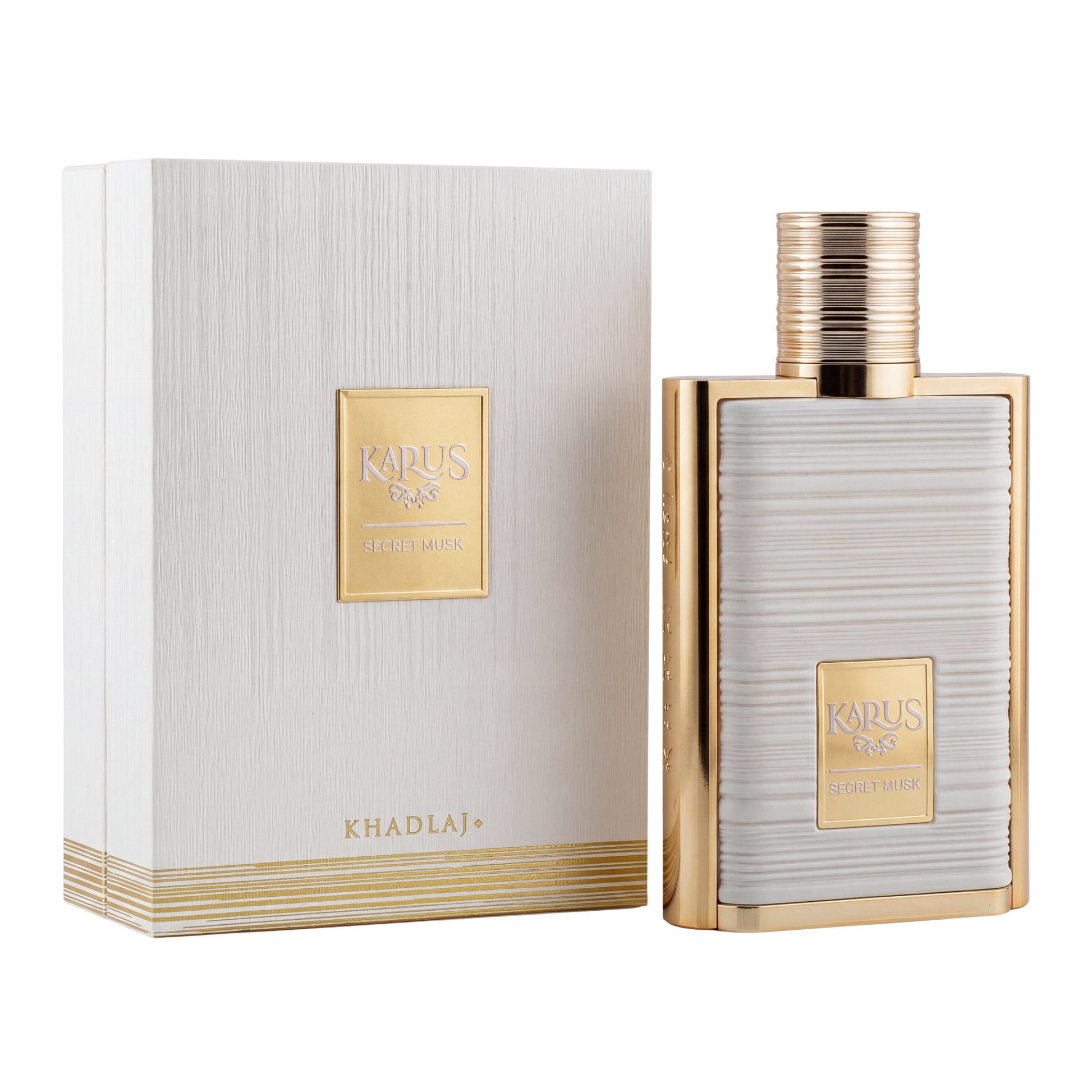 Perfume bottle and packaging with 'Khadlaj' branding on a white background