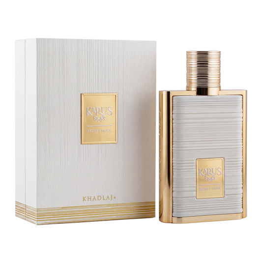 Perfume bottle and packaging with 'Khadlaj' branding on a white background
