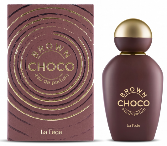Brown Choco perfume bottle and packaging with gold accents on a white background