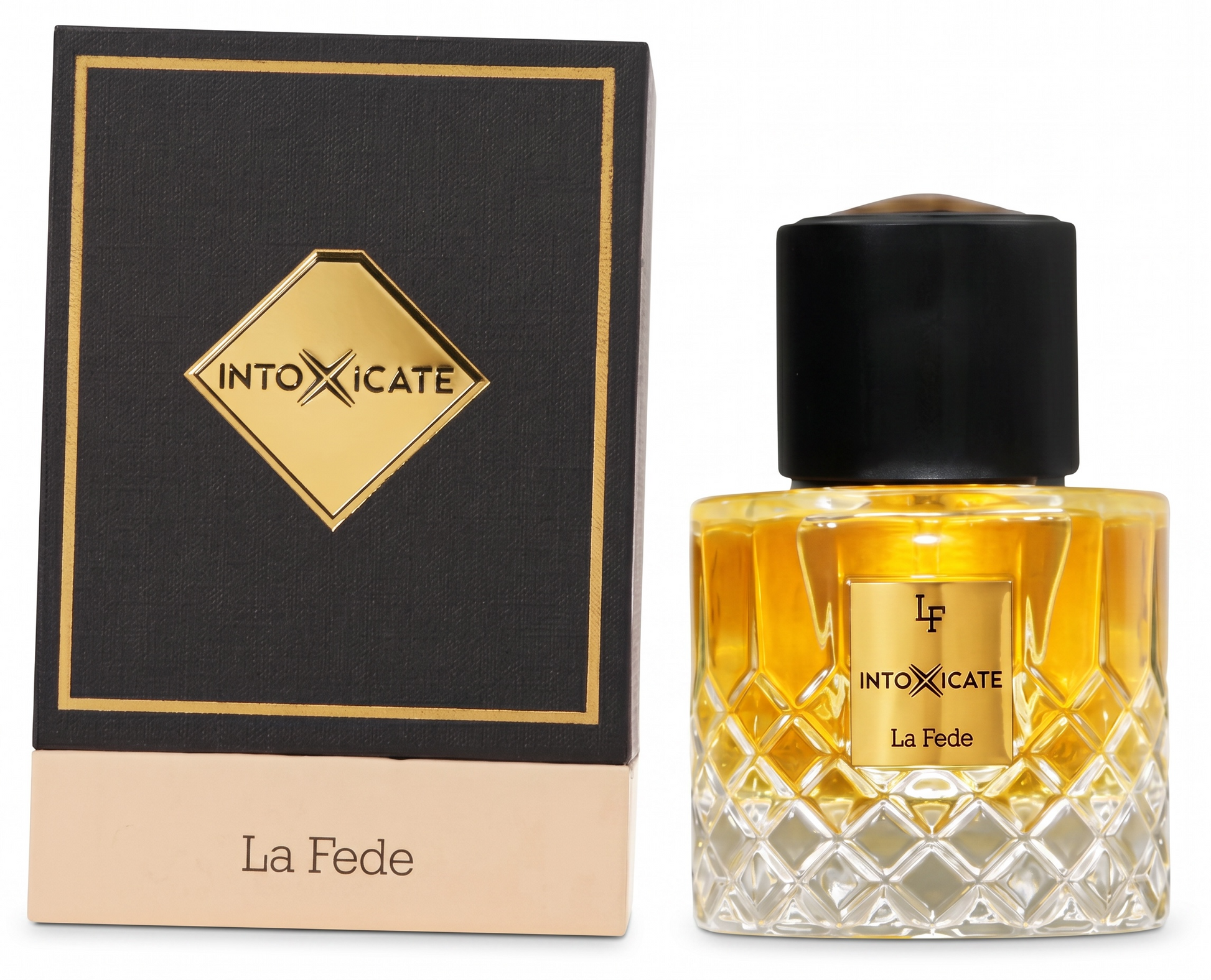 Perfume bottle and packaging of 'Intoxicate La Fede' on a white background