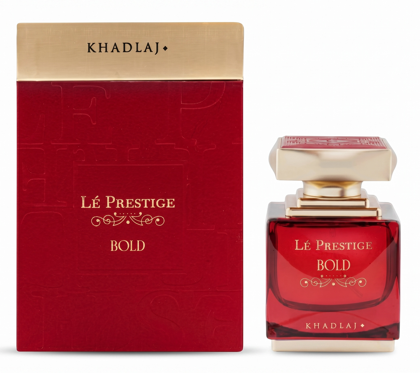 Red perfume bottle and packaging with 'Khadlaj' branding on a white background