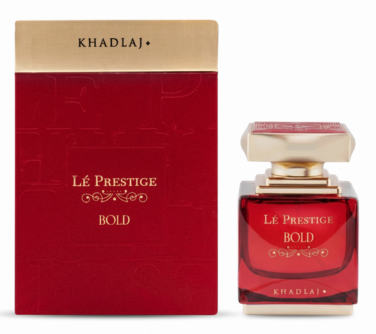 Red perfume bottle and packaging with 'Khadlaj' branding on a white background