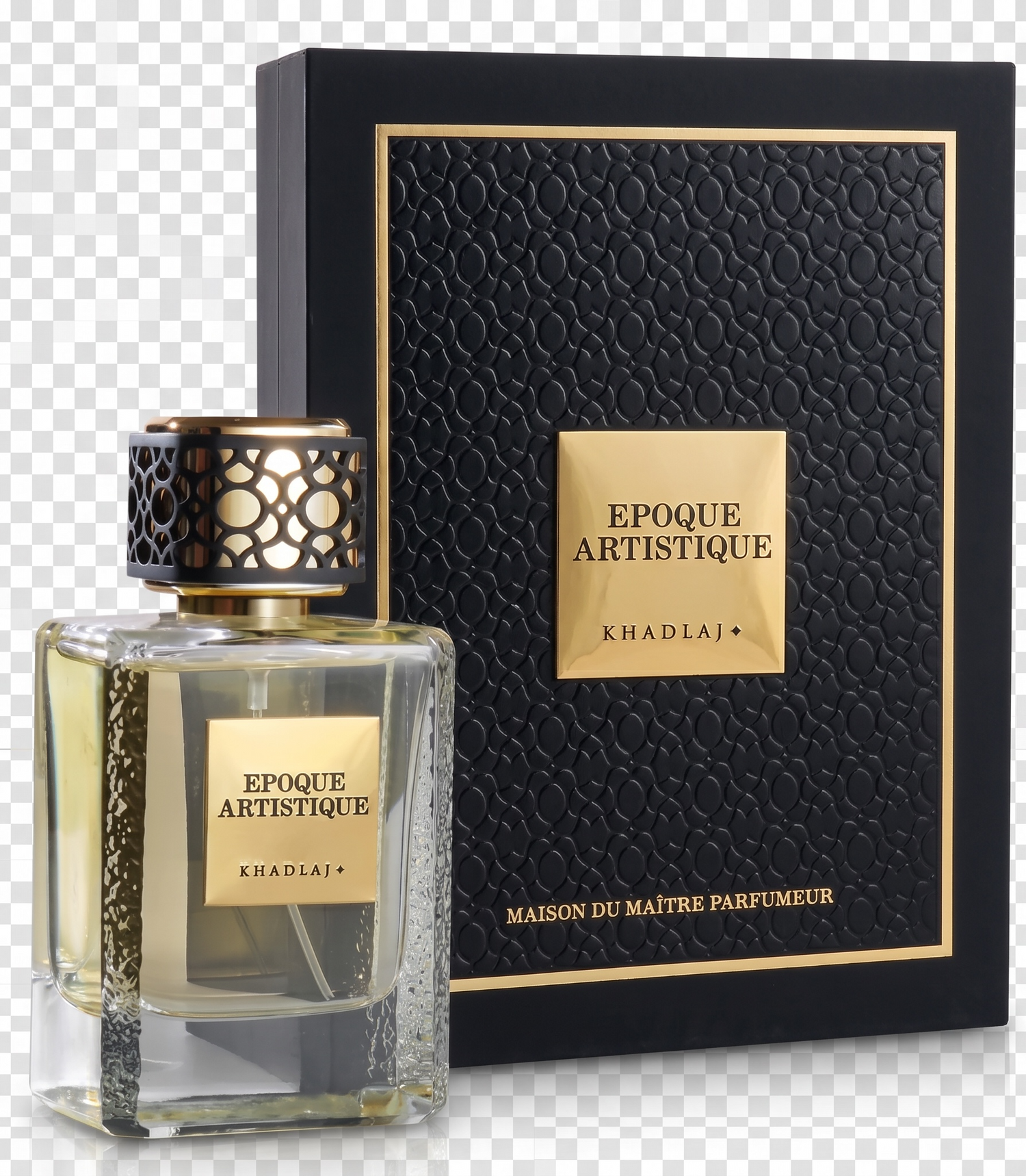 Perfume bottle and packaging of 'Epoque Artistique' by Khadlaj on a transparent background