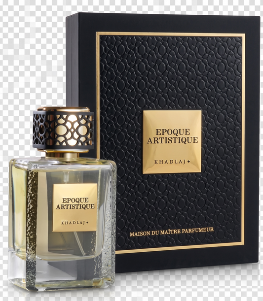 Perfume bottle and packaging of 'Epoque Artistique' by Khadlaj on a transparent background