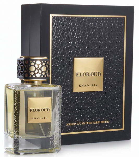 Perfume bottle and packaging with 'Flor Oud' branding on a white background