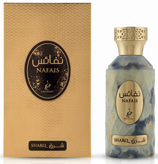Nafaais Sharq perfume bottle and packaging on a white background