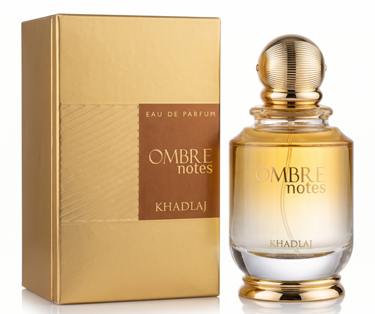 Khadlaj Ombre notes perfume bottle and packaging on a white background