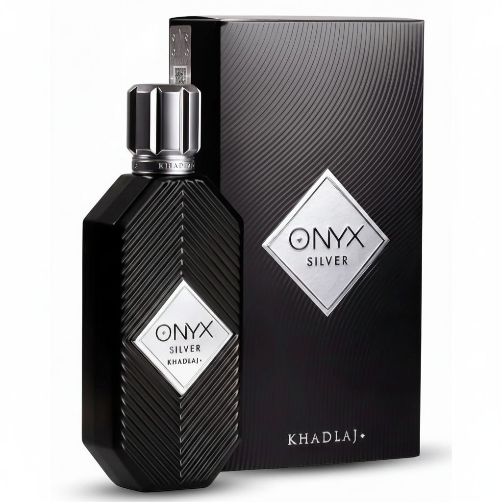 Onyx Silver perfume bottle and packaging on a white background