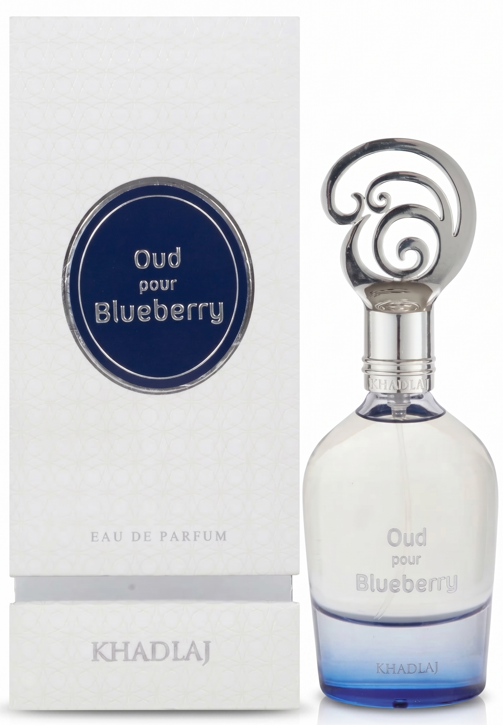 Perfume bottle and packaging of 'Oud pour Blueberry' by Khadij on a white background
