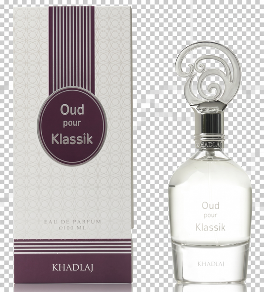Khadlaj Oud pour Klassik perfume bottle and packaging on a transparent background