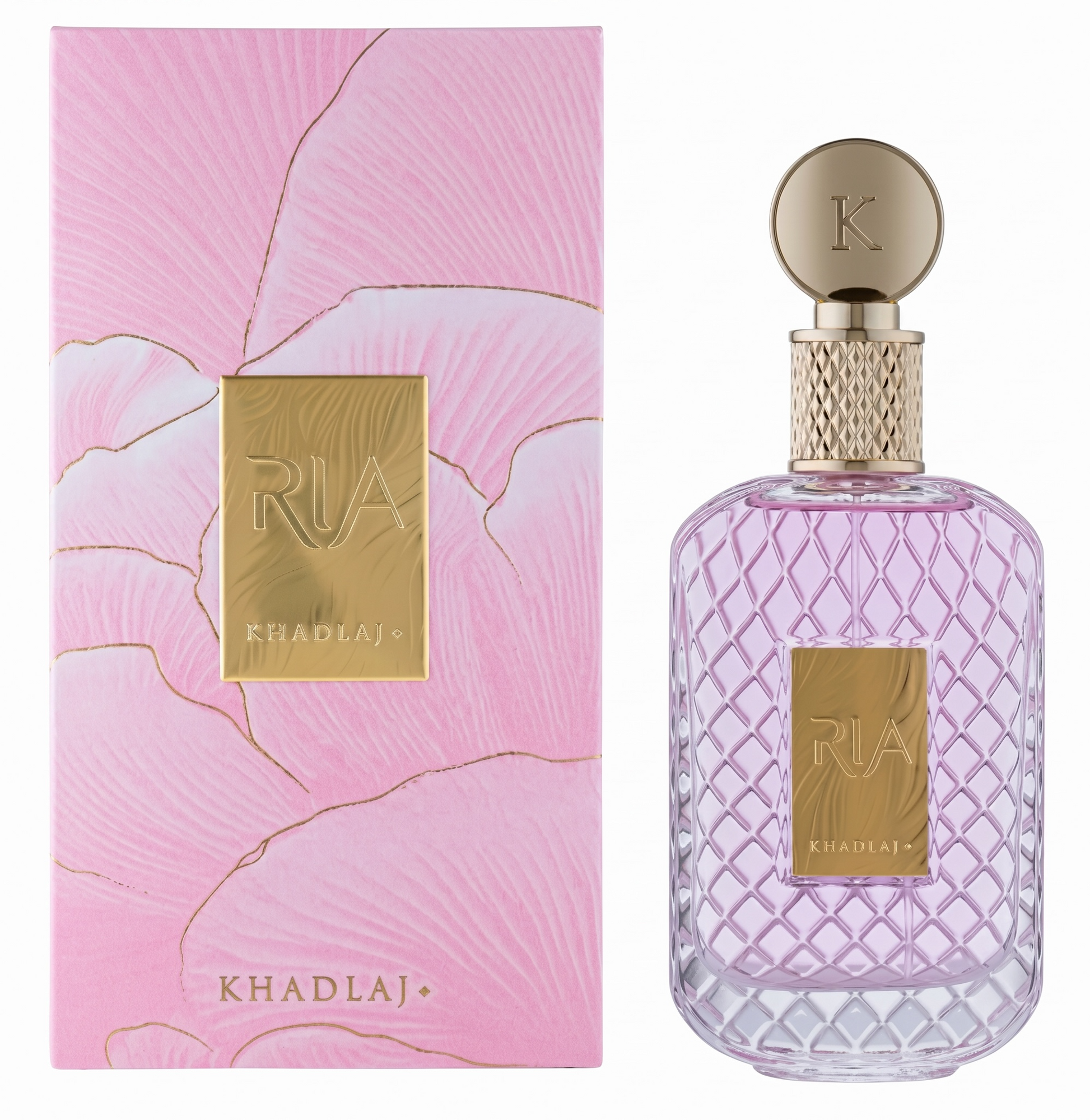 Perfume bottle and packaging with 'RIA KHADLAJ' branding on a white background