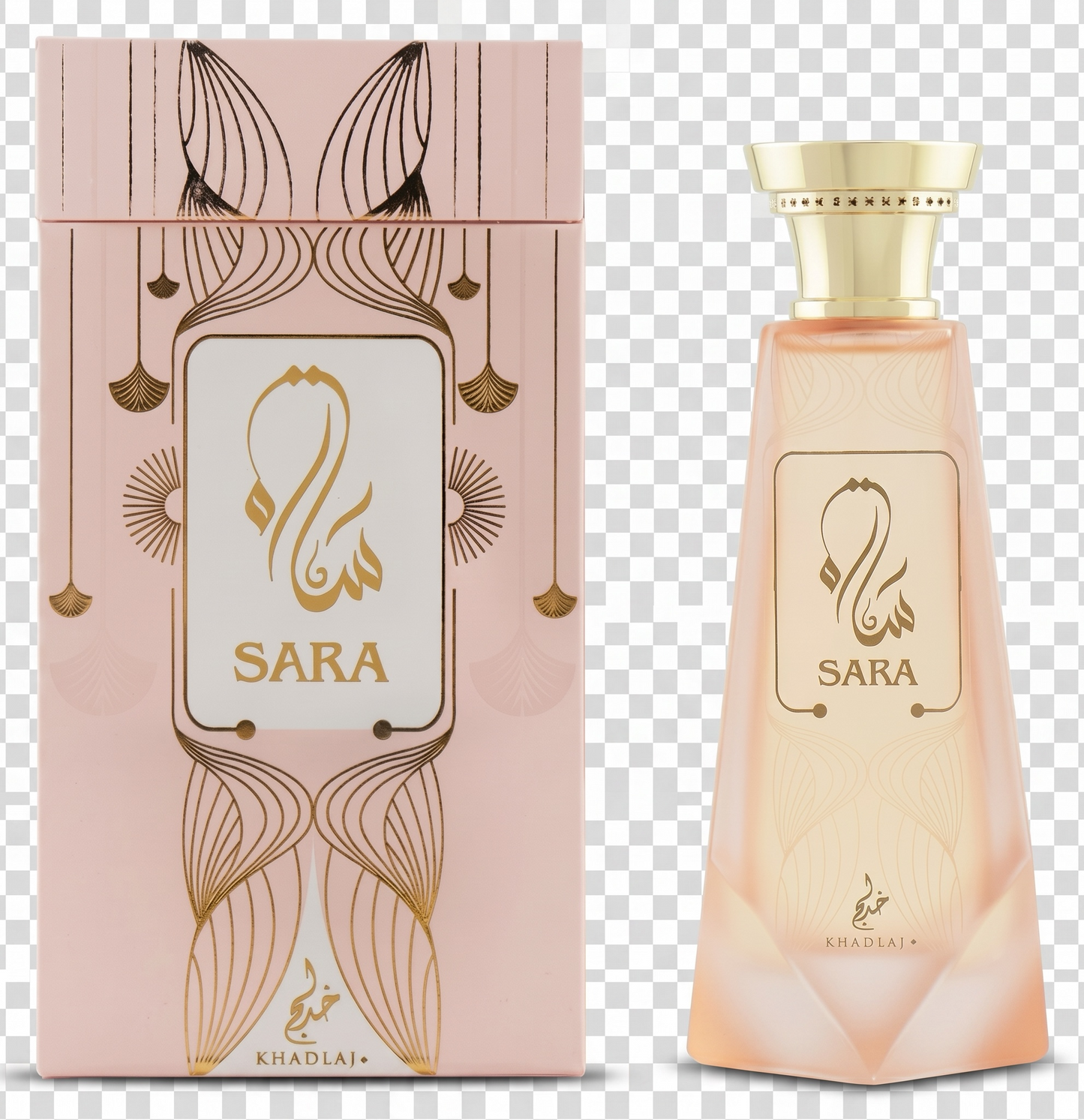 Sara perfume bottle and packaging with gold accents on a transparent background