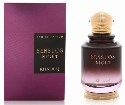 Perfume bottle and packaging of 'Sensuos Night' by Khadlaj on a white background