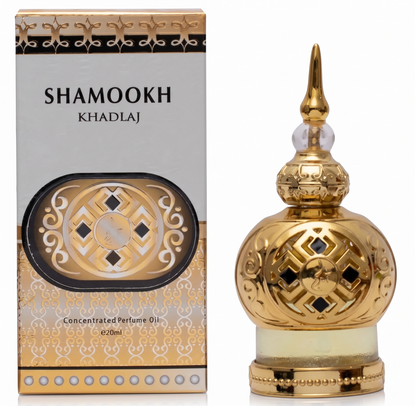 Gold and white concentrated perfume oil bottle with packaging labeled 'Shamookh Khadlaj' on a white background.
