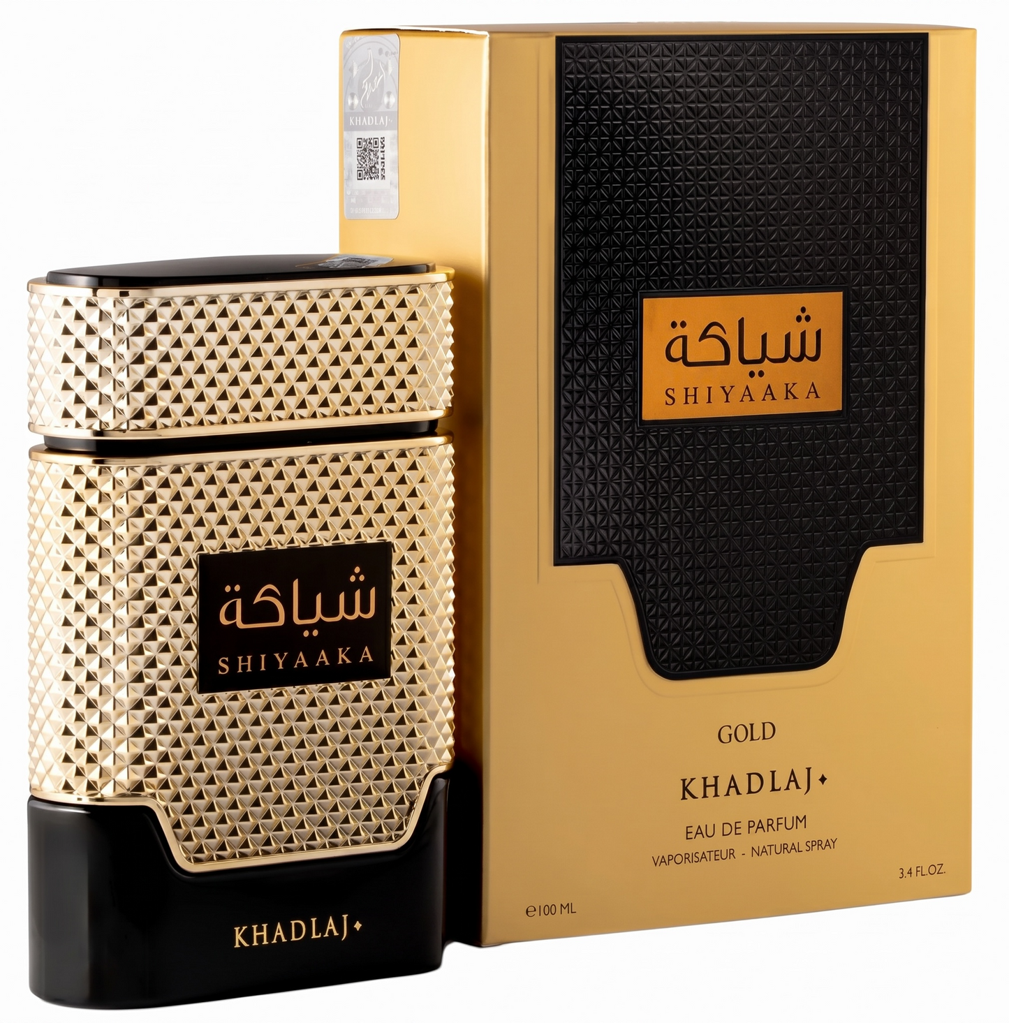 Shiyaaka Gold Khadlaj perfume bottle and packaging on a white background