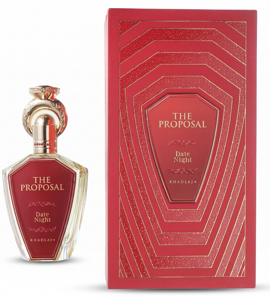 Perfume bottle and packaging of 'The Proposal' by Khaled on a white background