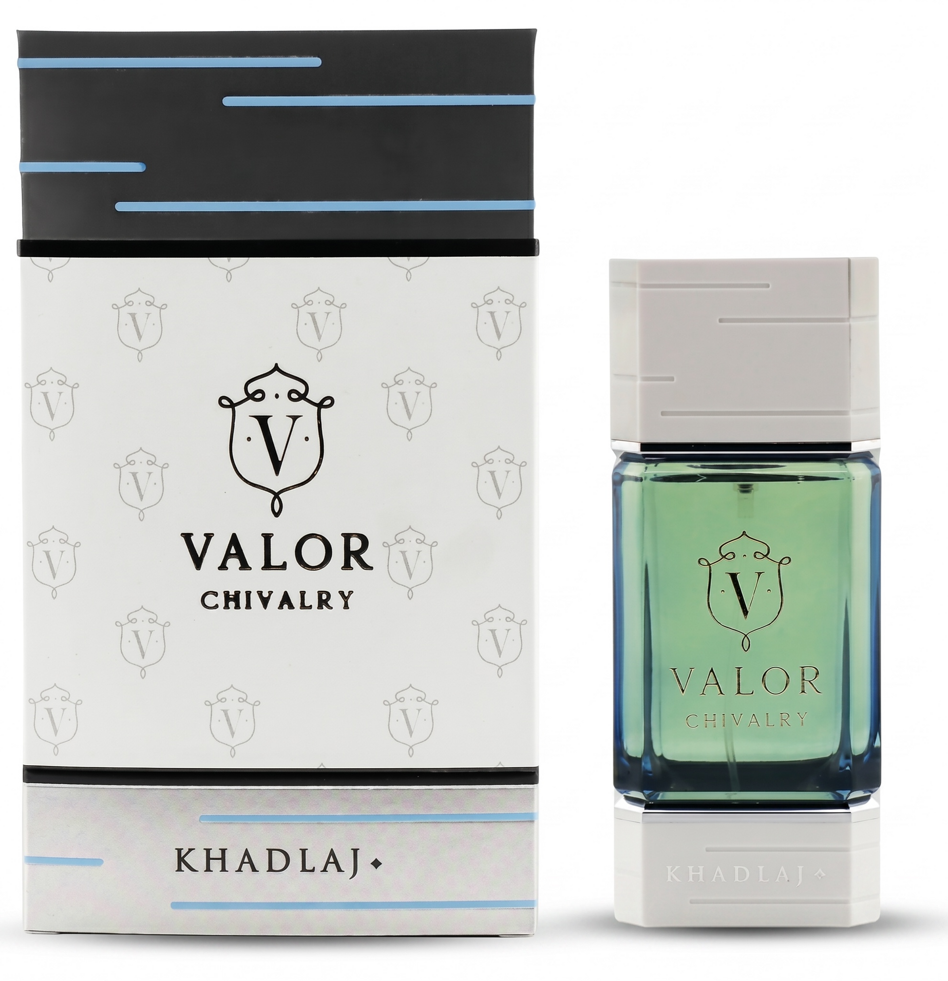 Valor Chivalry perfume bottle and packaging on a white background