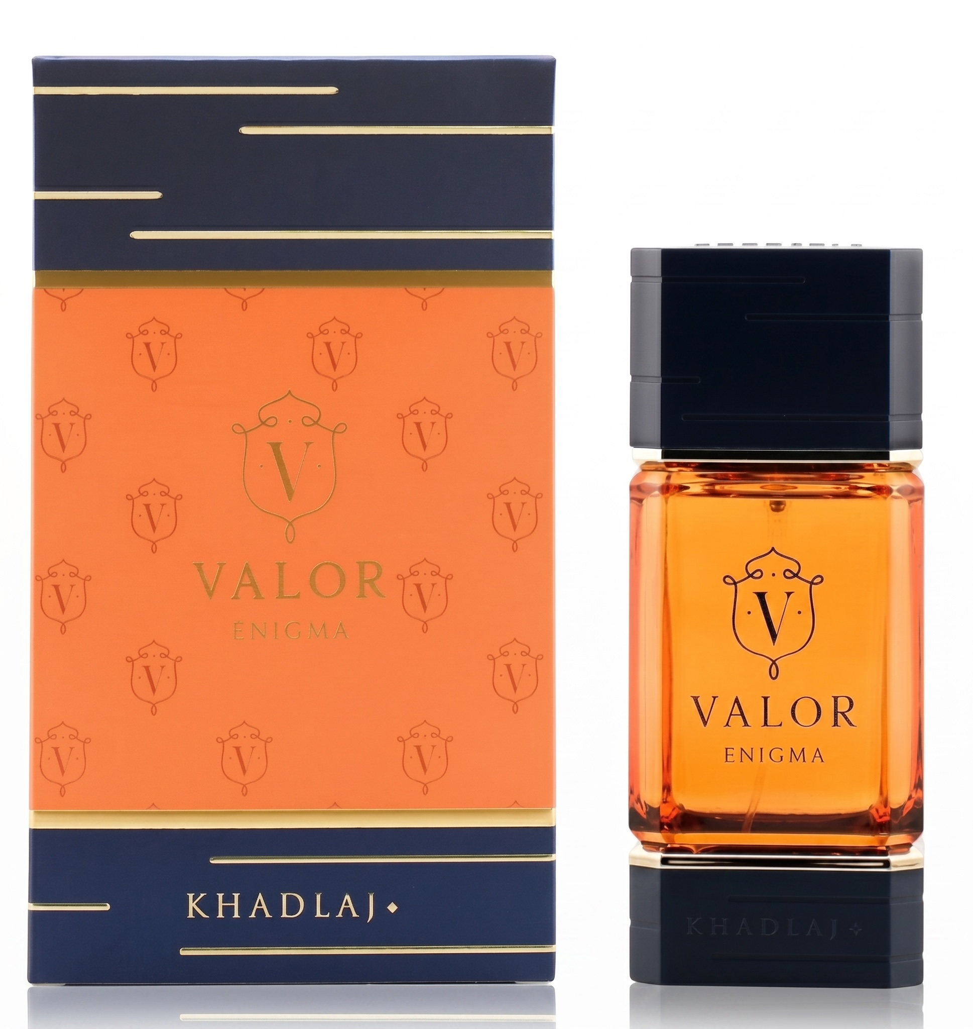 Khadlaj Valor Enigma perfume bottle and packaging on a white background