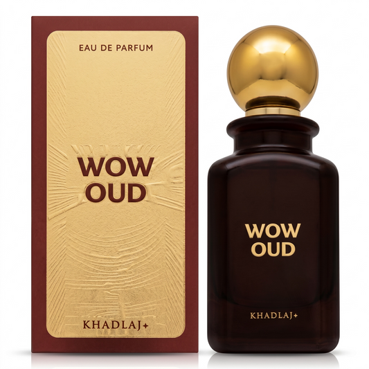 Khadlaj Wow Oud perfume bottle and packaging on a white background