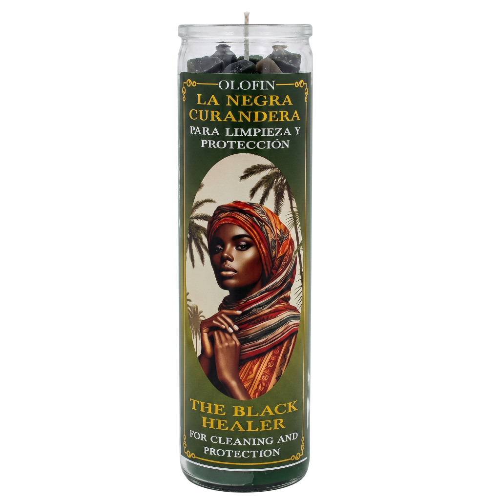 A tall glass jar candle labeled 'Olofin La Negra Curandera' with a printed illustration of a woman in a headwrap on a dark olive label, shown on a plain white background.