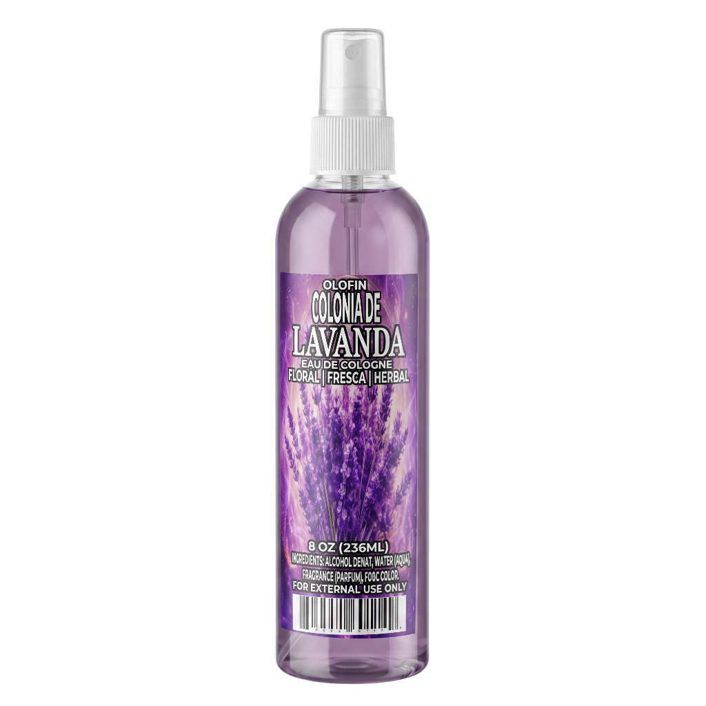 A 6 oz spray bottle of Olofini Colonia de Lavanda body spray, featuring a purple lavender graphic label on a white background.