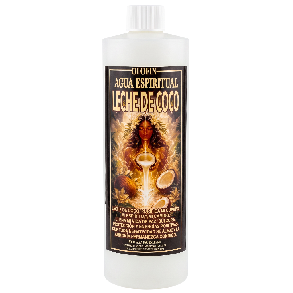 A white plastic bottle of Olofin Agua Espiritual Lleche de Coco (Coconut Sacred Water) with a detailed brown and gold label featuring an illustration of a woman holding a glowing coconut.